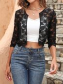 Chaqueta de Encaje Negra de Corte Crop con Abertura Frontal