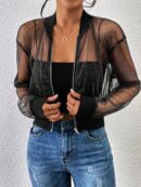 Chaqueta Bomber de Malla con Cierre y Hombros Caídos