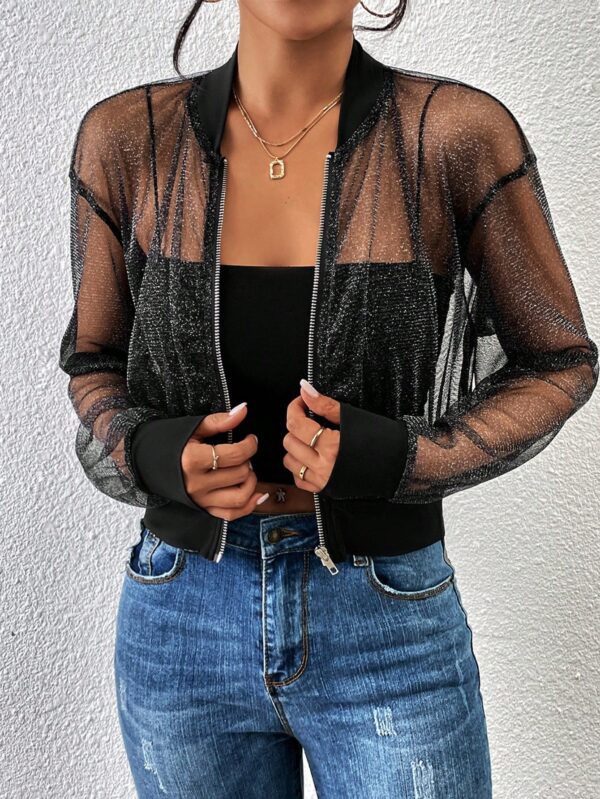 Chaqueta Bomber de Malla con Cierre y Hombros Caídos - Image 5