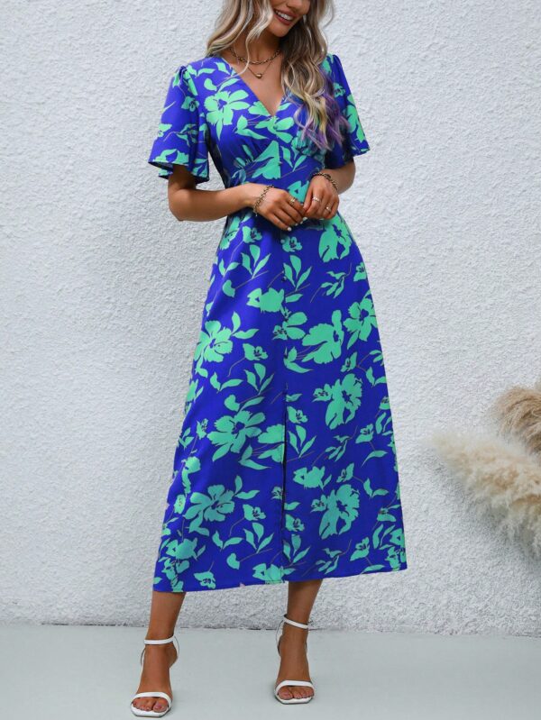 Vestido Largo Elegante de Estampado Tropical con Escote en V y Volantes - Image 27