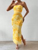 Vestido Strapless Tie Dye con Abertura Lateral y Ruched