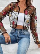 Chaqueta Negra Bordada Floral en Malla Transparente