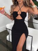 Vestido Largo Halter Sin Mangas con Espalda Descubierta y Abertura Lateral