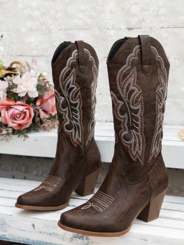 Botas de Vaquero Bordadas con Tacón Grueso y Punta Afilada - Image 7
