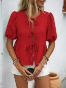 Blusa Casual de Cuello Redondo con Volantes y Manga Corta