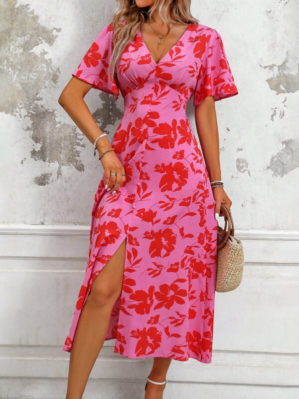 Vestido Largo Elegante de Estampado Tropical con Escote en V y Volantes - Image 12