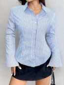 Camisa Casual a Rayas de Manga Larga con Cintura Ajustada