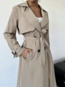 Trench Coat Elegante Ajustado a la Cintura de Manga Larga