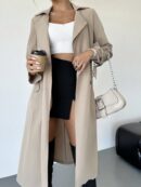 Trench Coat Elegante Ajustado a la Cintura de Manga Larga