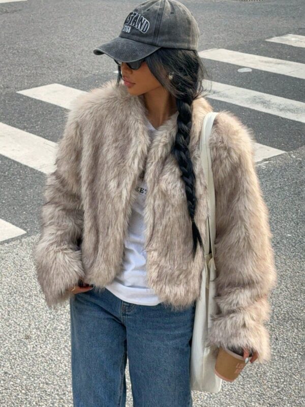 Chaqueta Fluffy Manga Larga Casual Color Sólido - Image 4