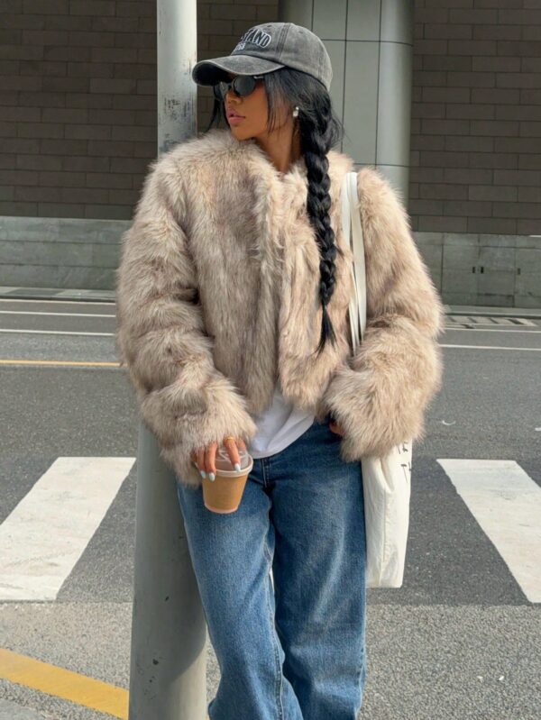 Chaqueta Fluffy Manga Larga Casual Color Sólido - Image 7