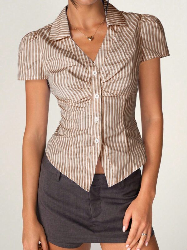 Camisa de Oficina Rayada con Cintura Fruncida y Manga Corta - Image 18