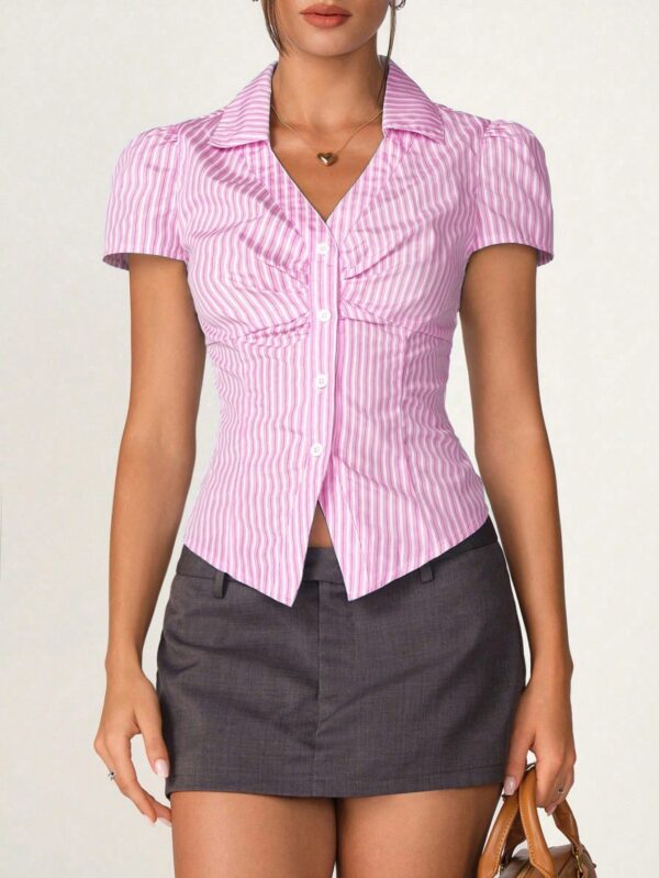 Camisa de Oficina Rayada con Cintura Fruncida y Manga Corta - Image 5