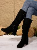 Botas Altas de Tacón Cónico con Hebilla y Pliegues Estilo Europeo