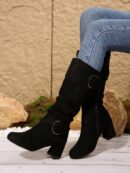 Botas Altas de Tacón Cónico con Hebilla y Pliegues Estilo Europeo