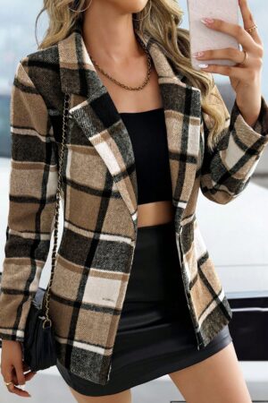 Chaqueta de Lana a Cuadros con Botonadura Simple y Manga Larga