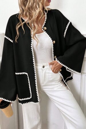 Chaqueta Casual de Botones con Ribetes Contrastantes y Bolsillos Dobles