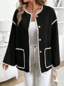 Chaqueta Casual de Botones con Ribetes Contrastantes y Bolsillos Dobles