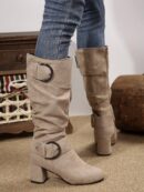 Botas Altas de Tacón Cónico con Hebilla y Pliegues Estilo Europeo