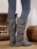 Botas Altas de Tacón Cónico con Hebilla y Pliegues Estilo Europeo