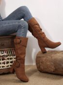 Botas Altas de Tacón Cónico con Hebilla y Pliegues Estilo Europeo