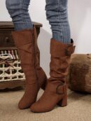 Botas Altas de Tacón Cónico con Hebilla y Pliegues Estilo Europeo