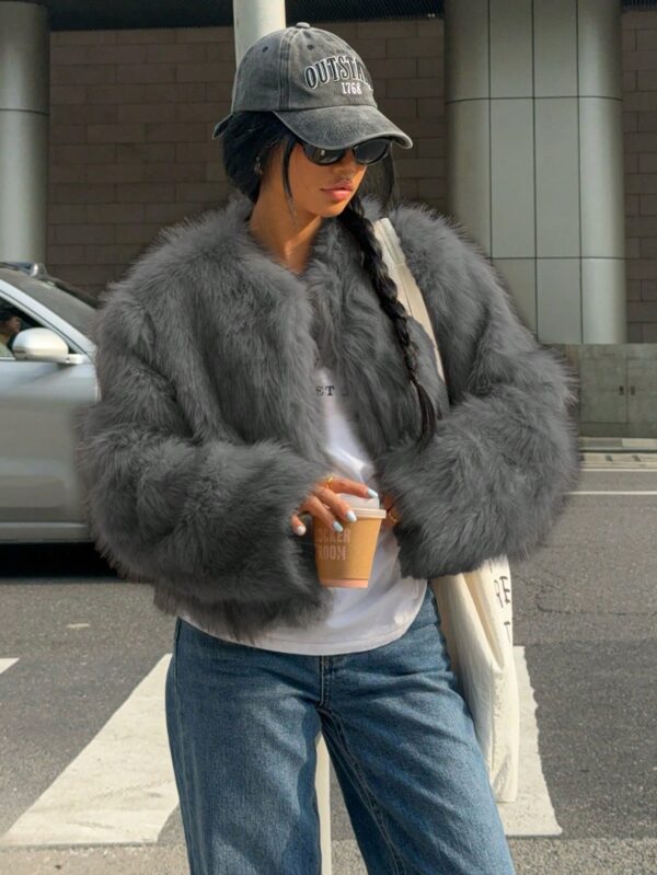 Chaqueta Fluffy Manga Larga Casual Color Sólido - Image 40