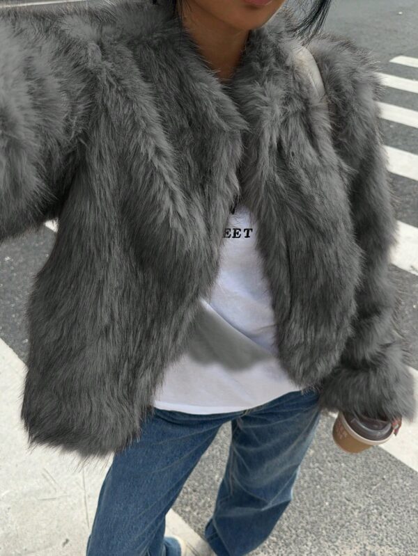 Chaqueta Fluffy Manga Larga Casual Color Sólido - Image 42