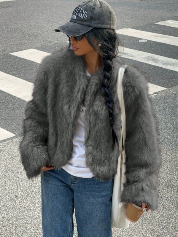Chaqueta Fluffy Manga Larga Casual Color Sólido - Image 43