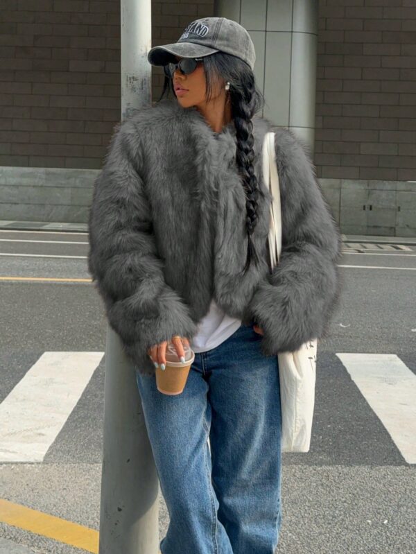 Chaqueta Fluffy Manga Larga Casual Color Sólido - Image 45