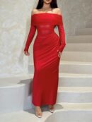 Vestido Tubo Largo con Hombros Descubiertos y Detalles de Tul