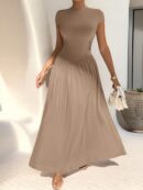 Vestido Midi Asimétrico A-Line Elegante y Simple con Cuello Alto