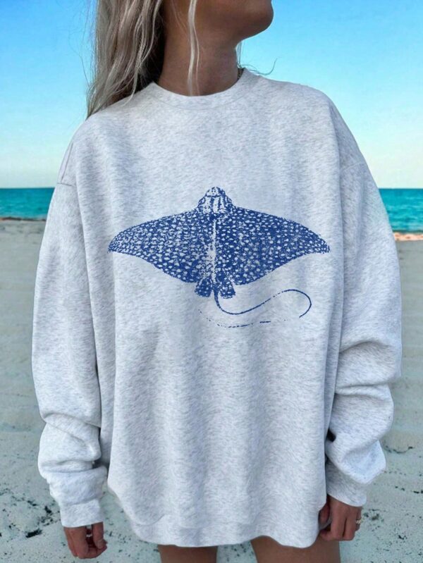Sudadera Casual con Estampado de Manta Raya y Cuello Redondo