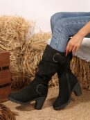 Botas Altas de Tacón Cónico con Hebilla y Pliegues Estilo Europeo