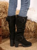 Botas Altas de Tacón Cónico con Hebilla y Pliegues Estilo Europeo