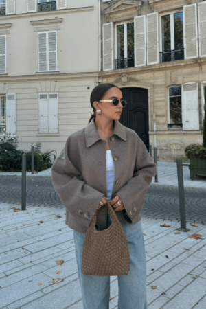 Chaqueta de Lana Casual con Botones Frontales y Hombros Caídos