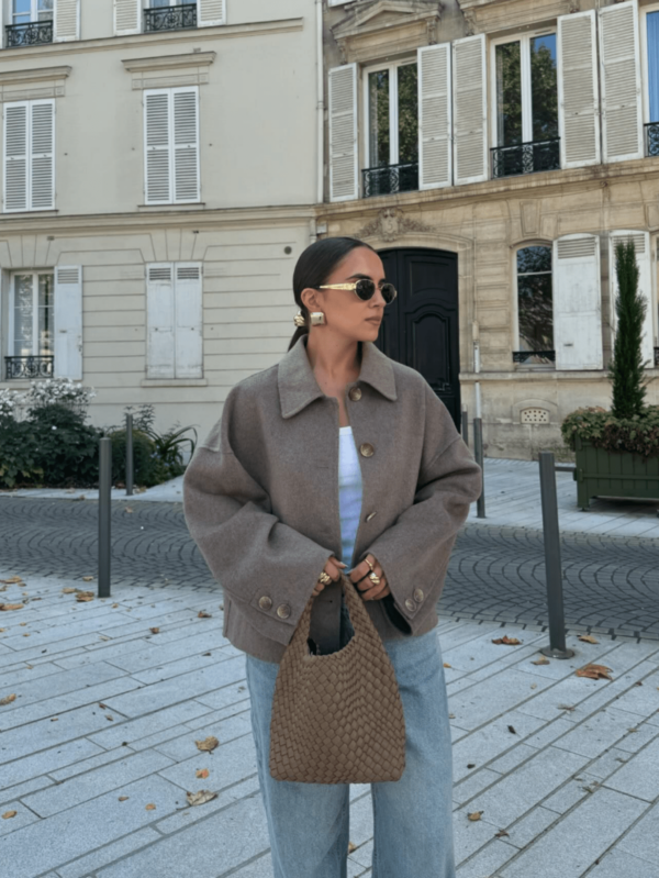 Chaqueta de Lana Casual con Botones Frontales y Hombros Caídos