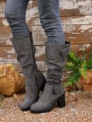 Botas Altas de Tacón Cónico con Hebilla y Pliegues Estilo Europeo