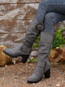 Botas Altas de Tacón Cónico con Hebilla y Pliegues Estilo Europeo