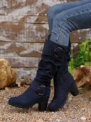 Botas Altas de Tacón Cónico con Hebilla y Pliegues Estilo Europeo