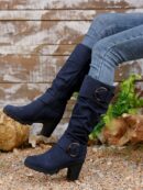 Botas Altas de Tacón Cónico con Hebilla y Pliegues Estilo Europeo