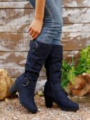 Botas Altas de Tacón Cónico con Hebilla y Pliegues Estilo Europeo