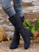 Botas Altas de Tacón Cónico con Hebilla y Pliegues Estilo Europeo