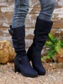 Botas Altas de Tacón Cónico con Hebilla y Pliegues Estilo Europeo