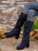 Botas Altas de Tacón Cónico con Hebilla y Pliegues Estilo Europeo