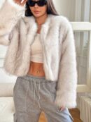 Chaqueta Fluffy Manga Larga Casual Color Sólido