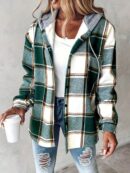Chaqueta Casual a Cuadros con Capucha Retro para Mujer