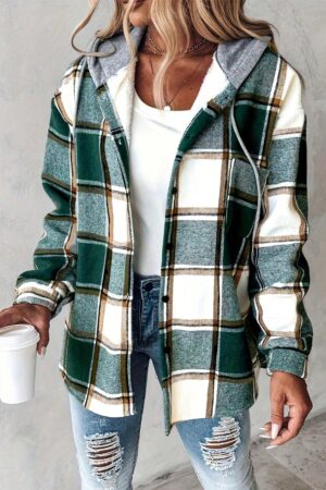 Chaqueta Casual a Cuadros con Capucha Retro para Mujer