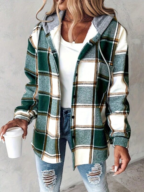 Chaqueta Casual a Cuadros con Capucha Retro para Mujer