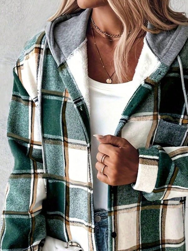 Chaqueta Casual a Cuadros con Capucha Retro para Mujer - Image 4
